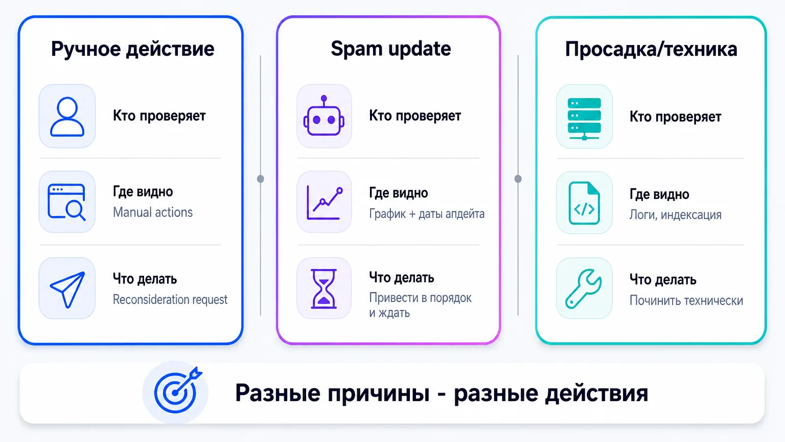 Сравнение трёх причин падения трафика в Google: ручное действие, spam update и техническая просадка