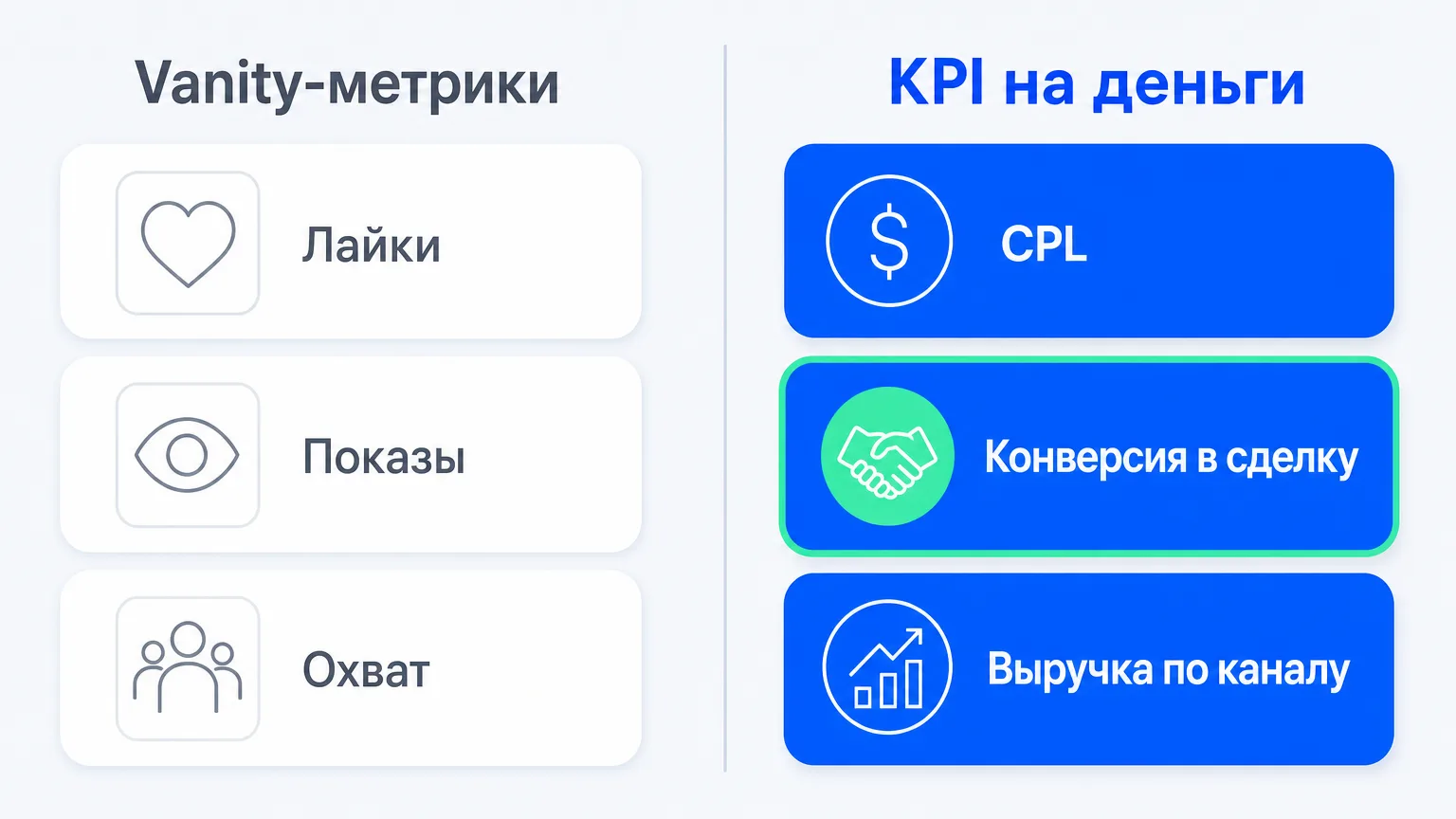 Сравнение vanity-метрик и KPI, привязанных к выручке, в data-driven маркетинге