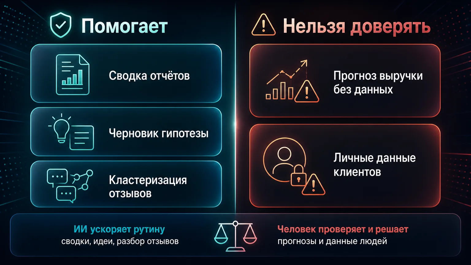 Сравнение задач, где ИИ помогает, и ситуаций, где его выводам нельзя доверять в data-driven маркетинге