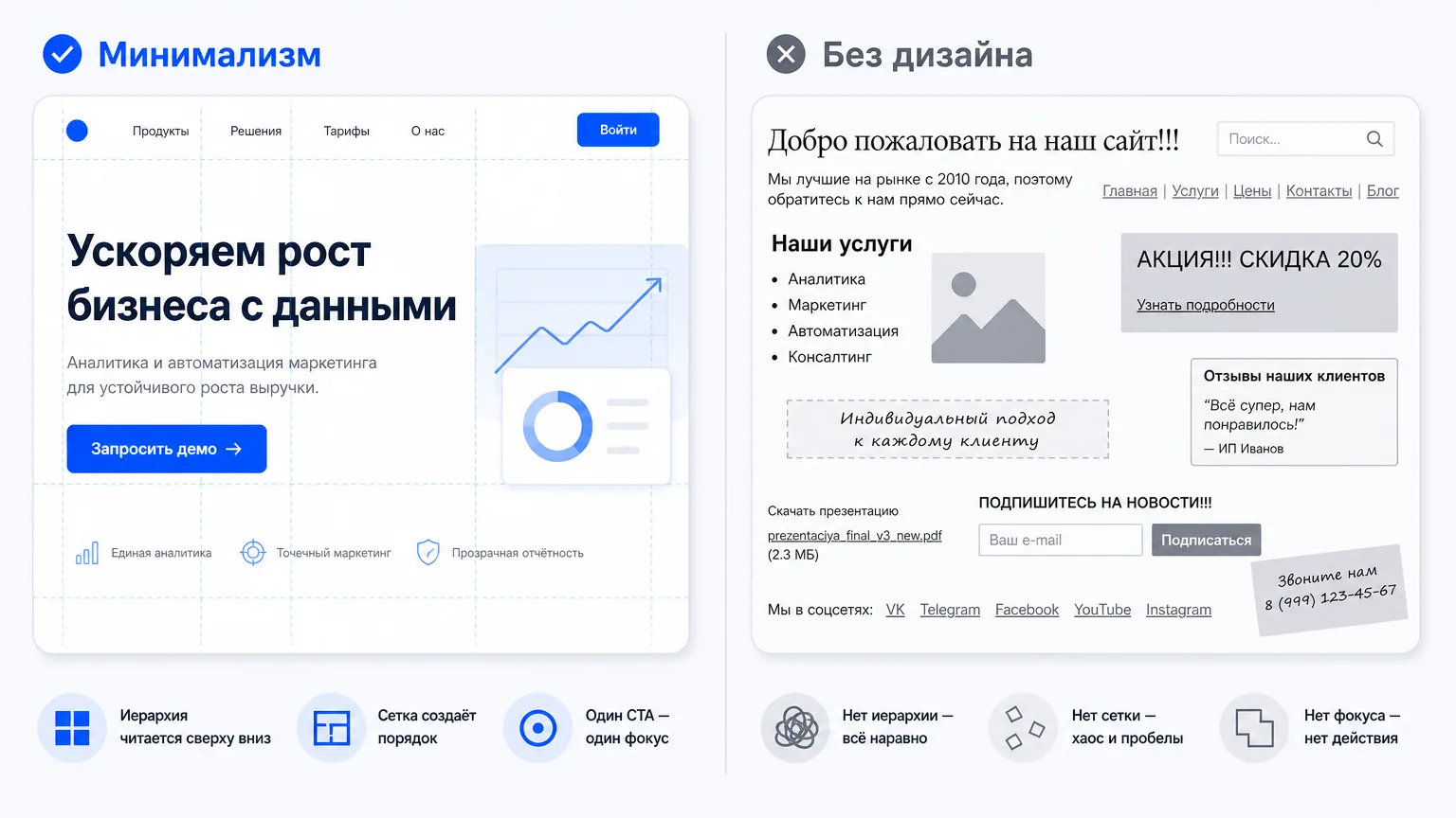 Сравнение минимализма и сайта без дизайна