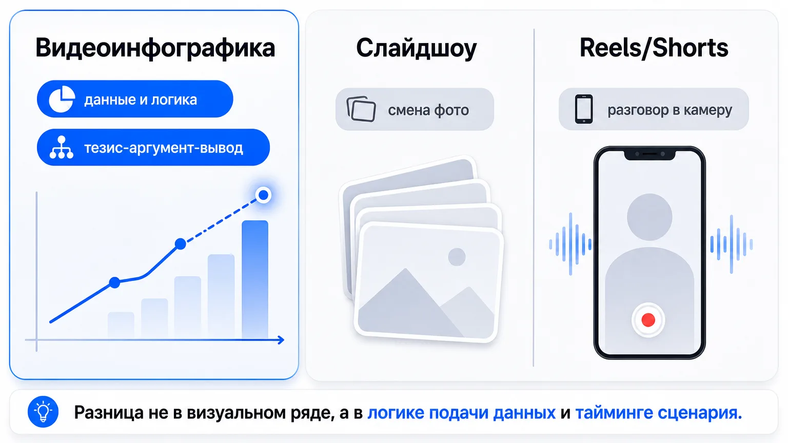 Сравнение видеоинфографики, слайдшоу и Reels по структуре подачи материала